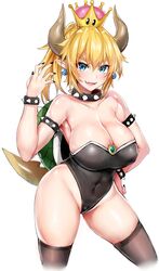 blonde_hair blue_eyes blue_gk bowsette breasts cleavage crown female female_focus female_only genderswap horns large_breasts leotard looking_at_viewer mario_(series) navel new_super_mario_bros._u_deluxe nintendo sharp_teeth shell spiked_armlet spiked_shell standing tail thighs white_background