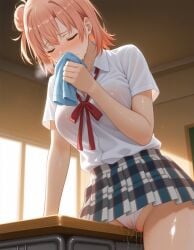 ai_generated female_masturbation masturbation my_teen_romantic_comedy_snafu not_loli_ai school_uniform table_humping yuigahama_yui