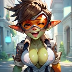 1girls ai_generated big_breasts green_skin monster_girl overwatch solo_female spicy_goblins tagme tomboy tracer