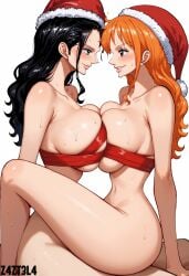 ai_generated alluring big_ass big_breasts black_hair blue_eyes blush breasts brown_eyes christmas christmas_outfit cleavage female female_only long_hair looking_at_viewer nami nami_(one_piece) nico_robin nico_robin_(one_piece) one_piece orange_hair red_ribbon revealing_clothes ribbon_outfit santa seductive seductive_body seductive_eyes short_outfit teasing two_females) yuri z4zt3l4