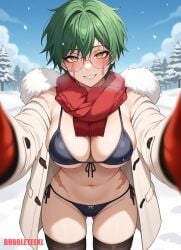 ai_assisted ai_generated anime anime_style bikini bikini_under_coat black_bikini bubbleteexl jujutsu_kaisen maki_zenin red_scarf scarf side_tie_bikini side_tie_bikini_bottom snow_on_ground winter_coat winter_jacket zenin_maki