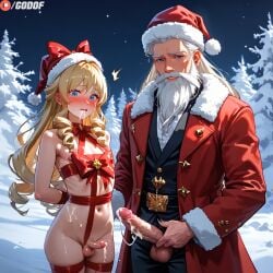 2boys after_sex ai_generated cum femboy flat_chest gay genshin_impact godof happy_new_year merry_christmas navia_(genshin_impact) red_ribbon rule63 santa_claus santa_hat size_difference small_penis trap yaoi