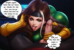 after_fellatio ai_assisted ai_generated cum cum_on_tongue cumming gambit genderswap_(mtf) impersonation marvel marvel_comics morph prostitution rogue_(x-men) rogue_(x-men)_(cosplay) self_upload selvokaz speech_bubble thought_bubble x-men