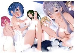 1boy 1femboy 5girls adjusting_hair arm_under_breasts armpits arms_up ass back bare_arms bare_back bare_legs bare_shoulders bare_thighs barefoot beatrice_(re:zero) big_breasts blonde_hair blue_eyes blue_hair blush braided_hair breasts brown_eyes cat_boy catboy closed_eyes closed_mouth completely_nude convenient_censoring crusch_karsten elf emilia_(re:zero) feet felix_argyle femboy gaou green_hair hair_ornament hair_over_one_eye hot_spring long_hair multiple_girls nude onsen open_mouth outdoors pink_eyes pink_hair pointy_ears purple_eyes ram_(re:zero) re:zero_kara_hajimeru_isekai_seikatsu rem_(re:zero) shared_bathing short_hair shoulder_blades sitting small_breasts smile standing steam steam_censor thighs towel twintails wading water white_hair