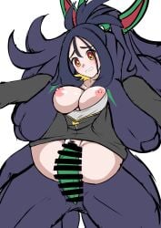 1boy 1girls breasts breasts_out dendra_(pokemon) doggy_style game_freak green_eyes grimmsnarl humanoid interspecies nipples nivi open_mouth pokemon pokemon_(species) pokemon_ss pokephilia sex_from_behind twintails