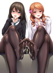 2girls :d arm_at_side bangs black_legwear black_sweater blush bow bowtie breasts brown_eyes brown_hair collared_shirt commentary_request cum cum_on_body cum_on_feet cum_on_lower_body drill_hair earrings eyebrows_visible_through_hair feet finger_to_mouth green_eyes green_neckwear green_skirt hairbow houjou_karen idolmaster idolmaster_cinderella_girls jewelry lambda_(kusowarota) legs_crossed long_hair looking_at_viewer medium_breasts multiple_girls nail_polish necktie open_mouth orange_hair pantyhose pink_bow pink_nails pink_neckwear school_uniform shaded_face shibuya_rin shirt simple_background sitting skirt smile soles stud_earrings sweater toes upper_teeth white_background white_shirt wing_collar yellow_skirt