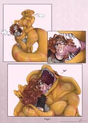 2girls absurd_res anthro anthro_pred areola belly big_breasts bodily_fluids breast_size_difference breasts clothed_human coiling comic dialogue digital_media_(artwork) english_text eyewear face_lick female female/female female_anthro female_human female_only female_pred female_prey gaping_mouth glasses hair hi_res human human_prey imminent_oral_vore imminent_vore licking long_tongue mammal misscaine navel nipples non-mammal_breasts nude_anthro open_mouth oral_vore raglan_shirt red_hair reptile saliva scalie slightly_chubby snake speech_bubble swallowing tail tail_around_waist text tongue vore wavy_hair yuri