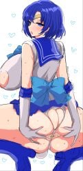 1girls ami_mizuno anus ass ass_focus bishoujo_senshi_sailor_moon blue_eyes blue_hair boots elbow_gloves female gloves hairy_anus heart heels high_heel_boots looking_back partially_clothed rear_view rihito_akane sailor_mercury sailor_uniform short_hair solo solo_female spread_anus squatting sweat thong tiara upskirt white_thong