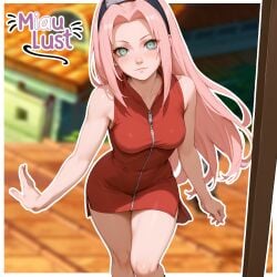 ai_generated dress dress_lift long_hair medium_breasts miaulust naruto naruto:_road_to_ninja naruto_(classic) naruto_(series) naruto_shippuden ninja pink_hair red_dress sakura_haruno sakura_haruno(genin) teen