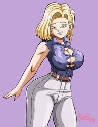 android_18 blonde_hair blue_eyes breasts cleavage curvaceous curvy dragon_ball dragon_ball_z earrings erect_nipples hourglass_figure huge_breasts loose_shirt pinkpawg puffy_nipples purple_shirt short_hair smile voluptuous white_pants wide_hips