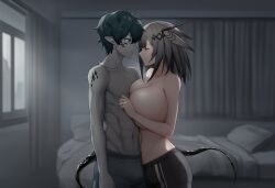 1boy 1girls ai_generated arknights bedroom before_sex breast_press dark-skinned_male dark_blue_hair faust_(arknights) from_side grey_body grey_hair greythroat_(arknights) light-skinned_female married_couple no_bra no_shirt oripathy_lesion_(arknights) self_upload spyrodragon2003 tagme wedding_ring