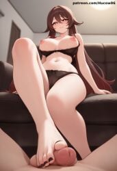 1boy ai_generated black_bra black_panties curvy dominant dominant_male feet female femdom genshin_impact hu_tao_(genshin_impact) hucow86 humiliation long_hair looking_down lying nipples parted_lips petite sitting sitting_on_couch smirk stepped_on stepping_on_penis submissive_male toenail_polish
