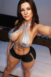 1girls 3d abs ai_generated big_ass big_breasts booty_shorts brown_hair halter_top halterneck jennah(oc) long_hair muscular_female radnsad short_shorts solo solo_female solo_focus thick_thighs