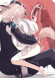 1boy absurdres ahoge animal_ears arknights barefoot censored clothed_sex cross_section cum damao_(kiwa777) female fox_ears fox_girl fox_tail from_side gloves heart highres hood hood_down hug internal_cumshot jacket long_sleeves mosaic_censoring panties panties_around_one_leg penis sex sitting solo_focus spoken_heart straddling straight sussurro_(arknights) tail underwear upright_straddle vaginal_penetration white_gloves white_jacket