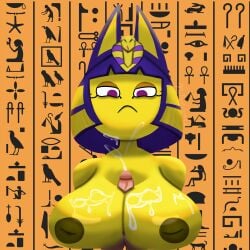 absurd_res animal_crossing ankha ankha_(animal_crossing) anthro balls big_balls big_breasts bodily_fluids breast_play breasts circumcised clothing cum cum_on_breasts cum_on_chin cum_on_face disembodied_penis domestic_cat duo egyptian egyptian_clothing egyptian_headdress erection felid felidae feline felis female first_person_view front_view genital_fluids genitals gold_(metal) gold_jewelry gynomorph hair hair_decoration hi_res hieroglyphics human human_on_anthro humanoid humanoid_genitalia humanoid_penis interspecies jewelry looking_at_viewer looking_down looking_down_at_viewer makeup male male/female mammal mascara mid_ejaculation nintendo nopestilence nude penis purple_eyes sex short_hair titjob vein veiny_penis