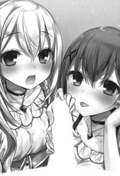 2girls berry_(loli_elf) blush censored collaborative_fellatio elf female handjob heavily_censored imminent_fellatio komeshiro_kasu lemon_(loli_elf) looking_at_viewer monochrome moto_yuusha_wa_loli_elf_mura_wo_harem_ni_dekimashita multiple_girls novel_illustration open_mouth penis pointy_ears pov teamwork