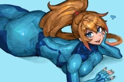ass ass_focus big_ass blonde_hair blue_eyes blue_fingernails bodysuit colored_nails heart_symbol large_ass laying_down laying_on_stomach looking_at_viewer lying lying_on_stomach metroid nintendo ponytail saiykik samus_aran zero_suit_samus