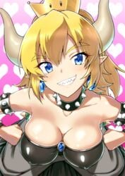 armlet bimbo black_dress blue_eyes bowsette bracelet breasts clothed collar collarbone crown dress earrings eyebrows_visible_through_hair female female_only genderswap hands_on_hips heart heart_background horns humanoid humanoidized large_breasts leaning_forward looking_at_viewer mario_(series) new_super_mario_bros._u_deluxe nintendo nipple_bulge pointy_ears sharp_teeth shell skindentation smile smirk solo spiked_armlet spiked_bracelet spiked_collar spiked_shell super_crown tight_clothes yuto