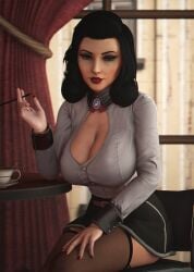 3d big_breasts bioshock bioshock_infinite black_hair blue_eyes breasts burial_at_sea busty cigarette cigarette_holder cleavage elizabeth_comstock elizabeth_comstock_(burial_at_sea) eyeshadow female female_focus female_only fishnet_legwear fishnet_stockings hourglass_figure large_breasts legwear lipstick long_fingernails long_hair makeup mascara miniskirt nail_polish pale-skinned_female pale_skin pinup pinup_pose shirt sitting skirt stockings tagme unbuttoned unbuttoned_shirt wide_hips wildynsfw