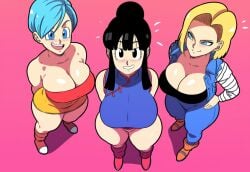 3girls alternate_breast_size android_18 big_breasts black_hair blonde_hair blue_hair breasts_bigger_than_head bulma_briefs chichi dragon_ball dragon_ball_super dragon_ball_z from_above huge_breasts human large_breasts mature_female milf mommy mullon novelai robot robot_girl robot_humanoid thick_thighs thighs