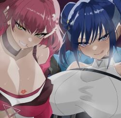 2girls alternate_version_available blue_eyes blue_hair blush demon_girl duel_monster evil_twin_ki-sikil evil_twin_lil-la female green_eyes hi_res horn huge_breasts ki-sikil_(yu-gi-oh!) large_breasts lil-la_(yu-gi-oh!) live_twin_ki-sikil live_twin_lil-la looking_at_viewer mogu1000 red_hair seductive seductive_smile smile sweatdrop tongue_out yu-gi-oh!