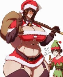 2d 2d_(artwork) 2girls abs alcohol ana_(nr4ces) axe bell belly big_breasts blush blushing_profusely breasts brown_hair charlotte_(nr4ces) christmas christmas_outfit chubby elf_costume elf_hat freckles freckles_on_breasts glasses gloves green_outfit huge_breasts long_hair nr4ces ponytail red_outfit sack santa_costume santa_hat shaded skimpy_outfit stockings sweat tagme taller_girl thick_thighs thighs tired