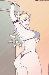 1girls ass big_ass big_breasts bikini blonde_hair blue_eyes bowsette breasts female female_only horns mario_(series) new_super_mario_bros._u_deluxe nintendo rule_63 shell solo text thong underboob watermark