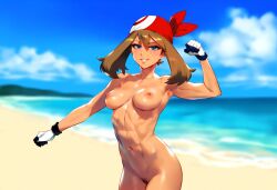 ai_generated beach breasts gloves headband may_(pokemon) naked nude pokemon pokemon_rse pussy smile standing tan_body young