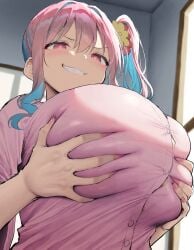 1girls ai_generated blue_hair breast_grab breasts button_gap from_below goonedoutp3rv grabbing_own_breast hair_ornament heart-shaped_pupils hozuki_kaede huge_breasts looking_at_viewer onii-chan_wa_oshimai! pink_eyes pink_hair ponytail shirt side_ponytail smirk solo two_tone_hair