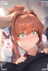 1boy 1girls ai_generated big_breasts breasts brown_hair doki_doki_literature_club fellatio female female_focus green_eyes huge_breasts large_breasts looking_pleasured monika_(doki_doki_literature_club) ponytail recording school_uniform