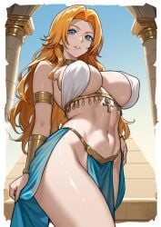 beauty_mark bleach blue_eyes breasts desert egyptian jewelry large_breasts looking_at_viewer matsumoto_rangiku orange_hair redjet shiny_skin smile