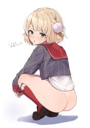 :o ass black_footwear blonde_hair blush bottomless braid brown_footwear eru_(l_illust45) female from_behind full_body green_eyes grey_jacket grey_shirt hair_ornament hair_rings indie_virtual_youtuber jacket kneehighs legwear_garter loafers long_sleeves looking_at_viewer looking_back no_pants open_mouth parted_lips pinstripe_pattern pom_pom_(clothes) pom_pom_\(clothes\) pom_pom_hair_ornament red_sailor_collar red_socks sailor_collar shadow shigure_ui_(vtuber) shigure_ui_(vtuber)_(1st_costume) shirt shoes short_hair side_braid simple_background sleeves_past_wrists socks solo squatting striped_clothes striped_jacket vertical-striped_clothes vertical-striped_jacket virtual_youtuber white_background white_shirt