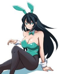 1girls absurdres animal_ears aqua_eyes black_hair black_pantyhose blush bow bowtie breasts cleavage covered_navel detached_collar fake_animal_ears green_eyes green_leotard gundam gundam_build_divers gundam_build_divers_re:rise hair_between_eyes highleg highleg_leotard highres large_breasts leotard long_hair looking_at_viewer may:be may_(gundam_build_divers_re:rise) pantyhose playboy_bunny rabbit_ears sitting smile solo strapless strapless_leotard traditional_bowtie very_long_hair white_background wrist_cuffs