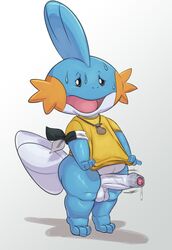 1boy 3_toes amphibian anthro anthrofied ass barefoot belly blue_skin bottomless chubby clothed clothing cum cum_on_penis cum_string cute erection feet hi_res humanoid_penis jewelry male male_only mudkip necklace nervous nintendo nokemop open_mouth original_character penis pokémon_(species) pokemon pokemon_(species) pokemon_rse precum shirt solo standing sweat teapot_(body_type) testicles thick_thighs tongue uncut vein veiny_penis video_games