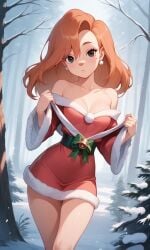 1girls adorable adorable_face ai_generated christmas_outfit female female_only goof_troop orange_hair outside roxanne_(goof_troop) sexy snow solo_female