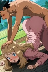 1boy ahe_gao ai_generated arched_back ass_up female floor_sex flustered from_behind from_behind_position head_grab huge_ass koinaart lying_on_stomach perky_breasts pokemon satoshi_(pokemon) serena_(pokemon) serena_(pokemon_games) sex_from_behind stable_diffusion