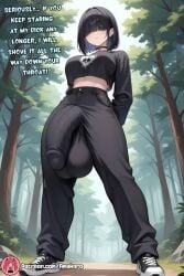 1futa ai_generated amakoro big_penis bulge bulge_through_clothing dialogue english english_text erection_under_clothes erection_under_clothing futadom futanari goth gothic gym_clothes gym_uniform gynomorph huge_bulge huge_cock looking_at_viewer nature nature_background pants penis penis_bulge penis_focus simple_background solo solo_focus solo_futa talking_to_viewer thick_thighs veins_on_dick veiny_penis