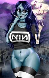 1girls 2018 alternate_version_available artist_name big_breasts black_lipstick blue_hair blue_skin bones bottomless brown_eyes cemetery cigarette corpse_bride emily_(corpse_bride) erolady female female_focus female_only full_moon glasses graveyard lipstick logo logo_on_shirt long_blue_hair long_hair moon night nine_inch_nails pussy self_upload skeleton smoke smoking smoking_cigarette solo solo_focus spikes stockings t-shirt thick tim_burton warner_brothers zombie zombie_girl