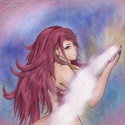 alluring big_breasts breasts capturepoint censored contrapposto female fire_emblem fire_emblem_heroes fog jewelry loki_(fire_emblem) long_hair nail_polish nails naked painted_nails pink_hair purple_eyes shoulder shoulders twisted_torso