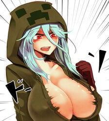 1girls adult aqua_hair at2. bangs big_breasts breasts bursting_breasts charged_creeper cleavage clothed_female commission creeparka creeper creeper_girl cupa female female_only gloves hood hoodie humanized large_breasts light-skinned_female light_skin long_hair minecraft mob_talker nipple_bulge oerba_yun_fang open_mouth pale-skinned_female pale_skin red_eyes simple_background tagme torn_clothes