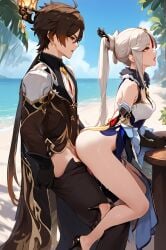 1boy 1girls ai_generated ass_on_crotch bare_ass bare_legs beach clothed_sex female genshin_impact high_heels light-skinned_female light_skin long_hair male male/female ningguang_(genshin_impact) on_lap outdoor_sex pants_down sex side_view straight white_hair zhongli_(genshin_impact)