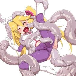 blonde_hair blush boots breasts commentary_request covered_nipples diamond_queen female high_heel_boots high_heels kaitou_joker long_hair medium_breasts open_mouth pants purple_pants restrained senzoc slime_(substance) solo tentacle tentacle_grab twintails very_long_hair