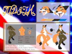 artzstudio08 big_breasts blue_eyes breasts canine clothing female fox fur judy_reinard mammal military military_uniform model_sheet orange_fur pilot pussy solo text uniform