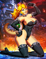 1girls blonde_hair bowsette breasts crown elbow_gloves female female_only genderswap genzoman gloves leotard mario_(series) new_super_mario_bros._u_deluxe nintendo on_knees solo tagme