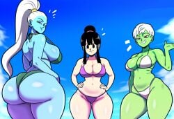 1girls 3girls ai_generated alien alien/human alien_girl angel angel_(dragon_ball) ass beach big_ass blue_skin breasts_bigger_than_head cheelai chichi divine divine_slut dragon_ball dragon_ball_super dragon_ball_z grin huge_breasts human long_hair looking_at_viewer mature_female milf mullon novelai ponytail short_hair single_hair_bun tall_female top_heavy vados white_hair wide_hips