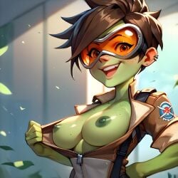 1girls ai_generated areolae big_breasts green_skin monster_girl nipples overwatch solo_female spicy_goblins tagme tomboy tracer