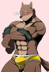 ... 1boy abs anthro biceps blush bulge canine clothed clothing fur hidanmaru lagoon_lounge looking_at_viewer male male_only mammal manly muscular navel pecs pink_eyes shirt solo standing thick_thighs triceps underwear undressing video_games wolf yellow_underwear yuujirou