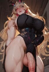 abs ai_generated barghest_(gawain)_(fate) big_breasts big_penis blonde_hair blush covered_nipples futanari huge_breasts large_breasts large_penis loincloth loincloth_aside makeup muscular muscular_female muscular_futanari veins veiny_penis