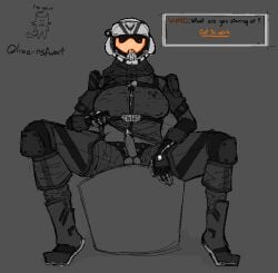 1futa armor balls belt big_breasts boots breasts buckle circumcised clothed clothing command dialogue dominant dominant_futanari erection futa_only futanari helmet human inviting_to_sex knee_pads leaking_precum limited_palette monochrome mostly_clothed nipple_bulge olivia-nsfwart pants penis pilot_(titanfall) precum raising_shirt simple_background sketch solo titanfall viper_(titanfall_2)