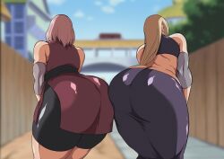 2girls ass ass_docking ass_focus ass_press ass_to_ass asymmetrical_docking back_view blonde_hair bubble_ass bubble_butt butt_crack crop_top dress elbow_pads faceless_female facing_away from_behind highres ino_yamanaka inviting_to_sex kunoichi lizy_fist long_hair looking_away naruto naruto:_the_last naruto_(series) naruto_shippuden ninja outdoors pink_hair presenting presenting_ass presenting_hindquarters sakura_haruno short_hair shorts skirt take_your_pick thick_ass very_long_hair viewed_from_behind